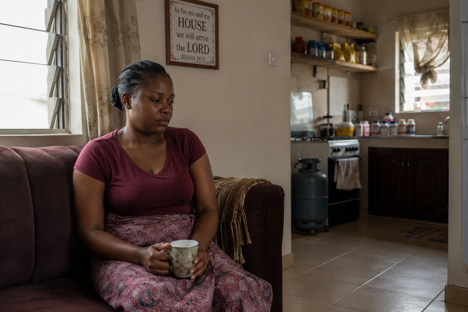 Nigerian woman, thoughtful, natural light