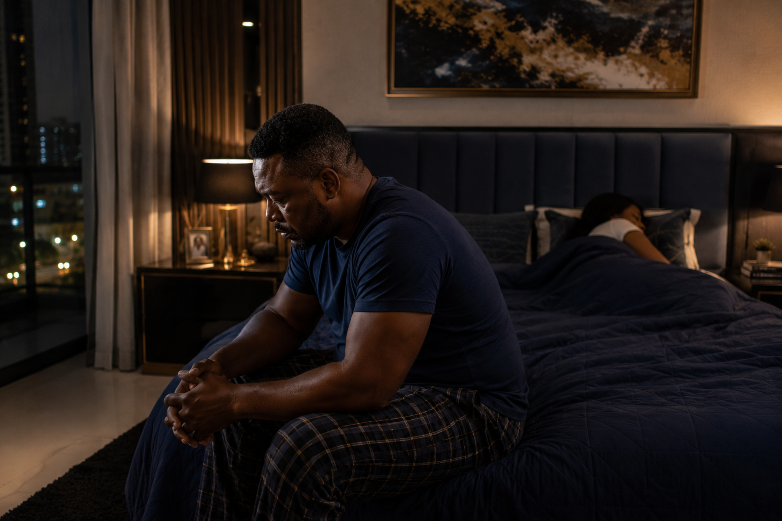 Man sitting on edge of bed at night